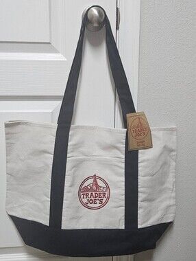 Trader Joe's Canvas Tote Bag in Cream and Navy.